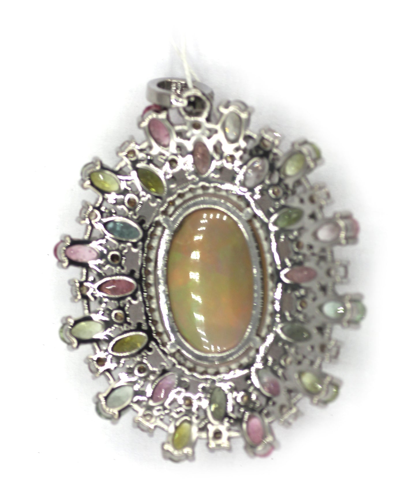 Ethiopian opal Silver Diamond Pendant With Tourmaline Stone