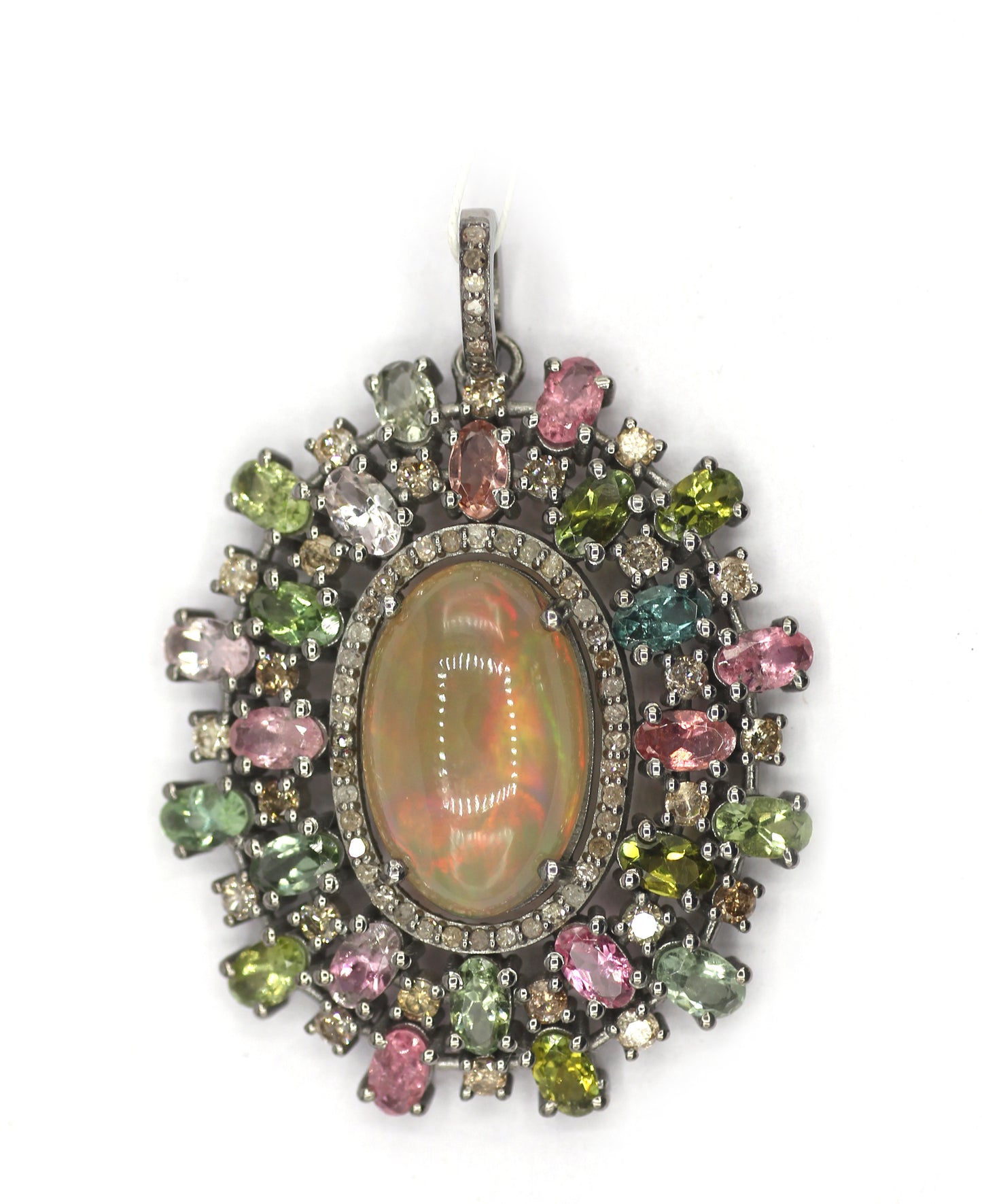 Ethiopian opal Silver Diamond Pendant With Tourmaline Stone
