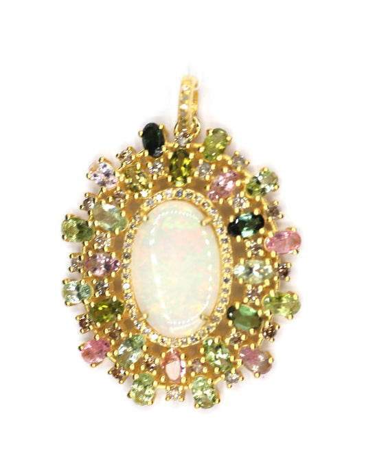Ethiopian opal  Silver Diamond Pendant