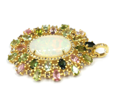 Ethiopian opal  Silver Diamond Pendant