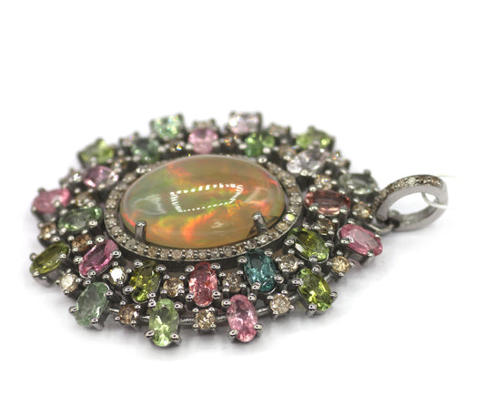 Ethiopian opal Silver Diamond Pendant With Tourmaline Stone