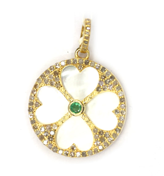 Round Silver Pave Diamond Pendant With Pearl Stone