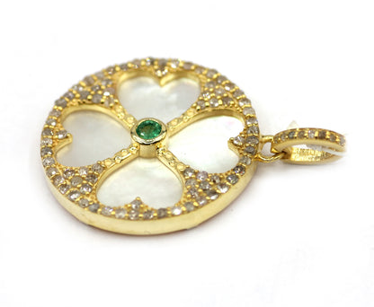 Round Silver Pave Diamond Pendant With Pearl Stone