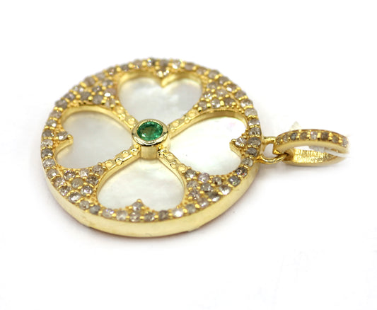Round Silver Pave Diamond Pendant With Pearl Stone