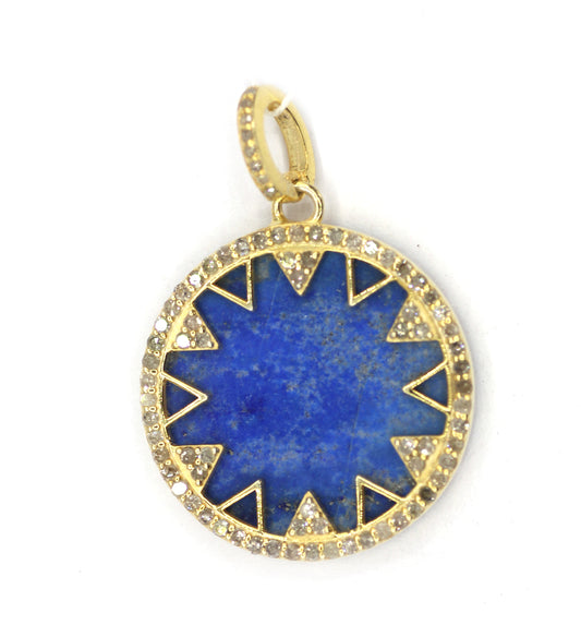 Round Silver Pave Diamond Pendant With Lapis lazuli Stone