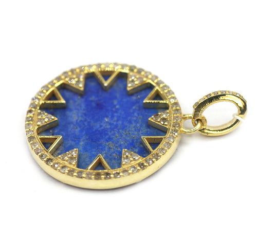 Round Silver Pave Diamond Pendant With Lapis lazuli Stone