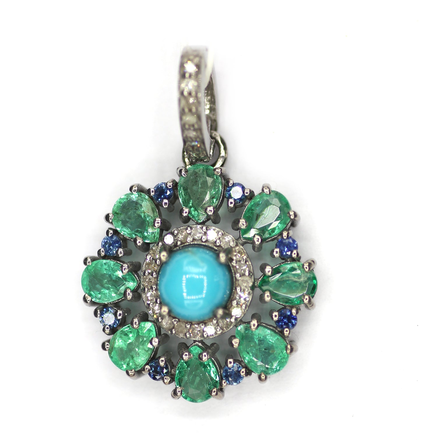 Emerald sterling silver Diamond Pendant With Blue Sapphire Stone