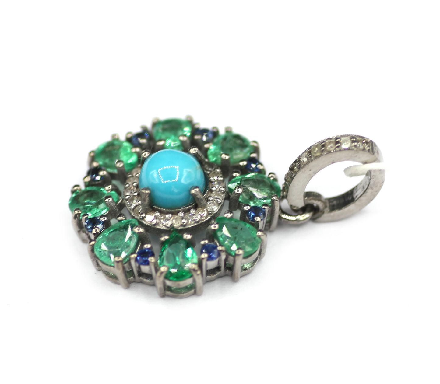 Emerald sterling silver Diamond Pendant With Blue Sapphire Stone