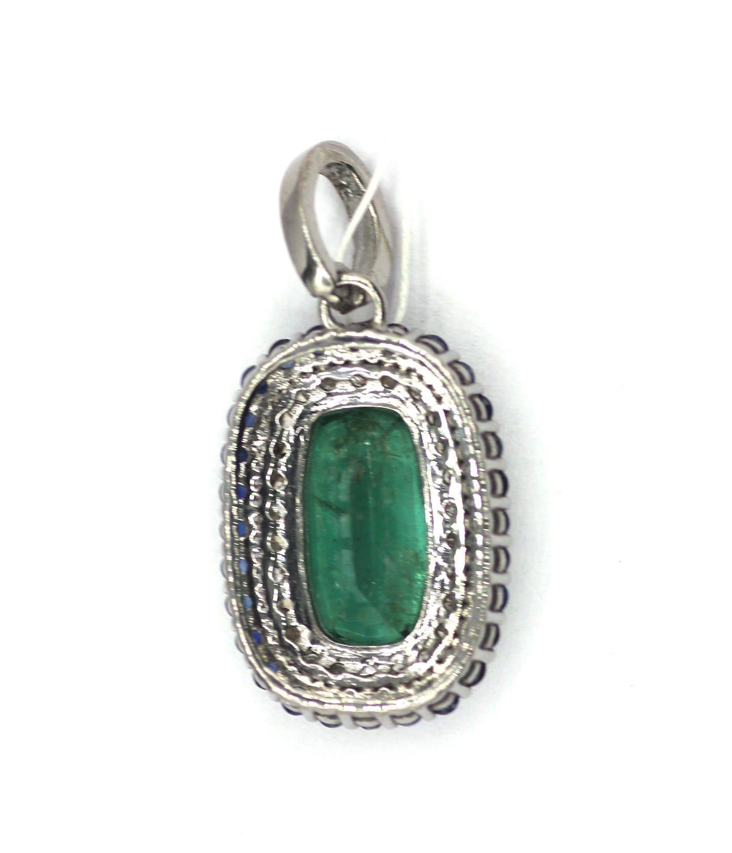 Emerald Silver Diamond Pendant With Blue Sapphire Stone