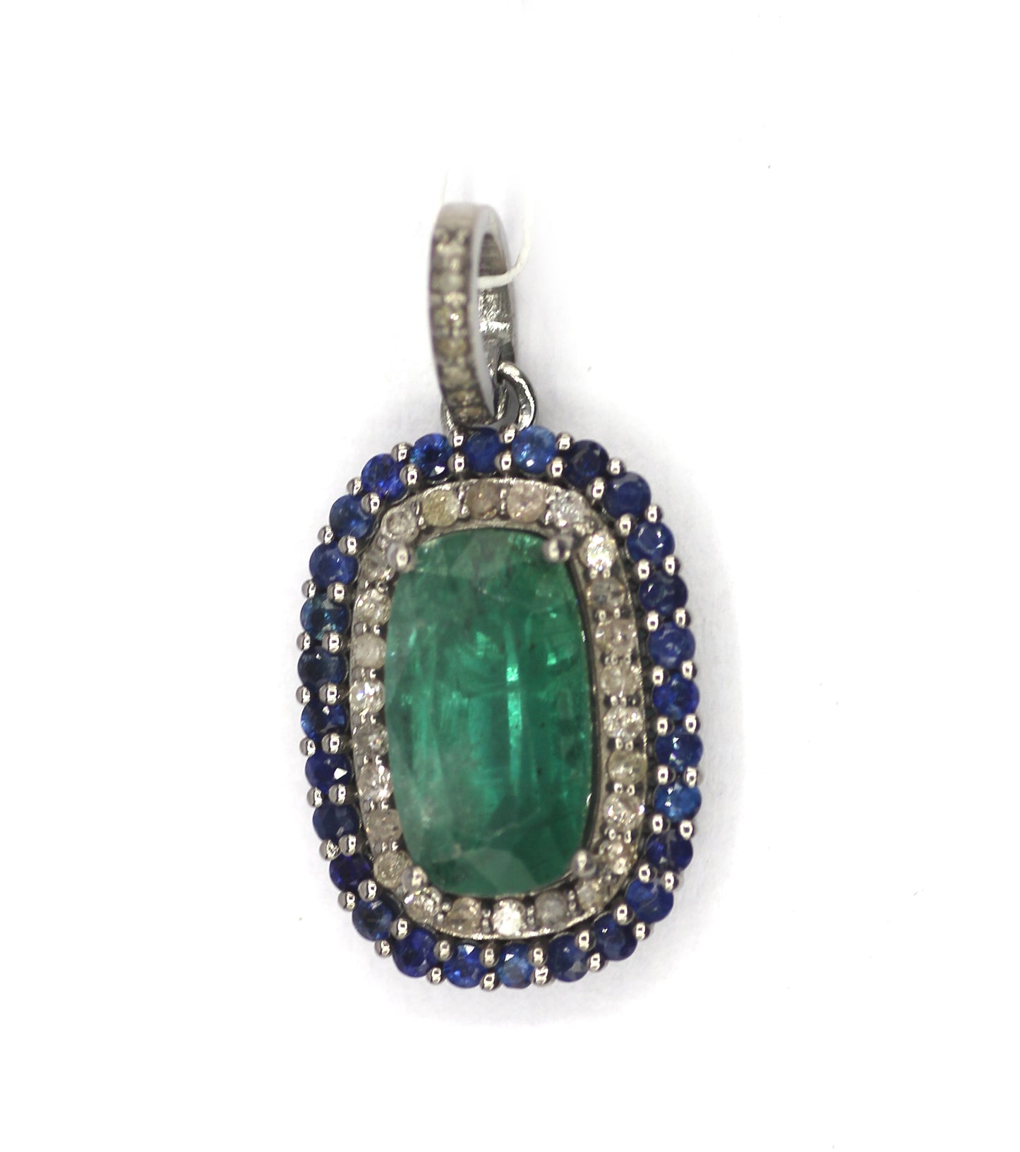 Emerald Silver Diamond Pendant With Blue Sapphire Stone