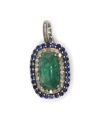 Emerald Silver Diamond Pendant With Blue Sapphire Stone