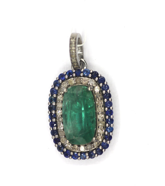 Emerald Silver Diamond Pendant With Blue Sapphire Stone