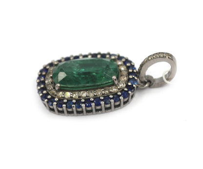 Emerald Silver Diamond Pendant With Blue Sapphire Stone