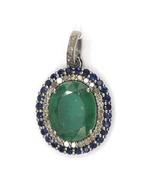 Emerald Silver Diamond Pendant With Blue Sapphire Stone