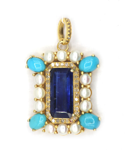 Kyanite Silver Diamond Pendant With Pearl Stone