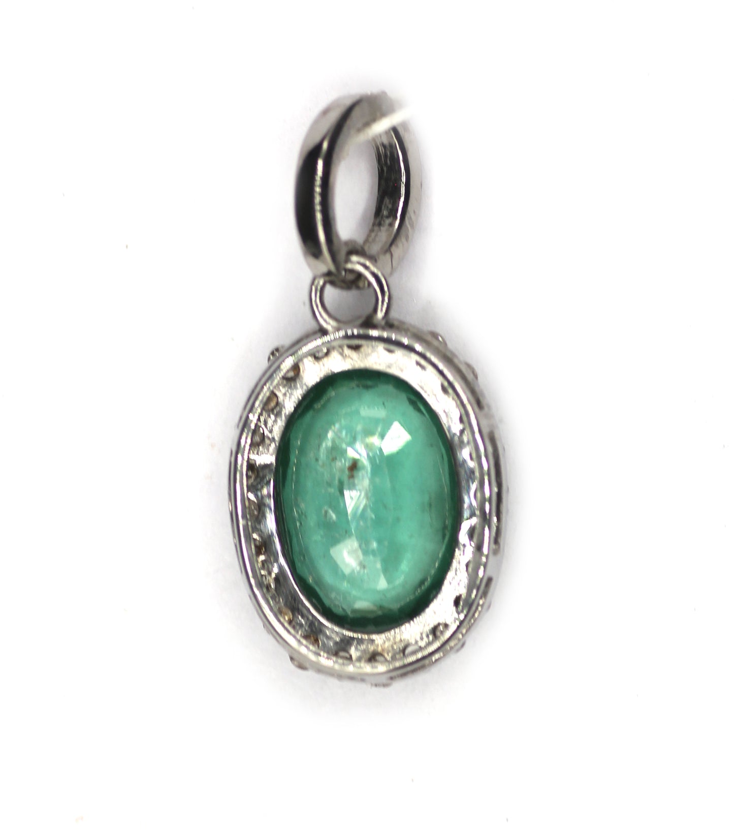 Oval Silver Diamond Pendant With Emerald Stone