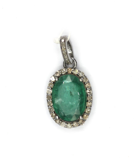 Oval Silver Diamond Pendant With Emerald Stone