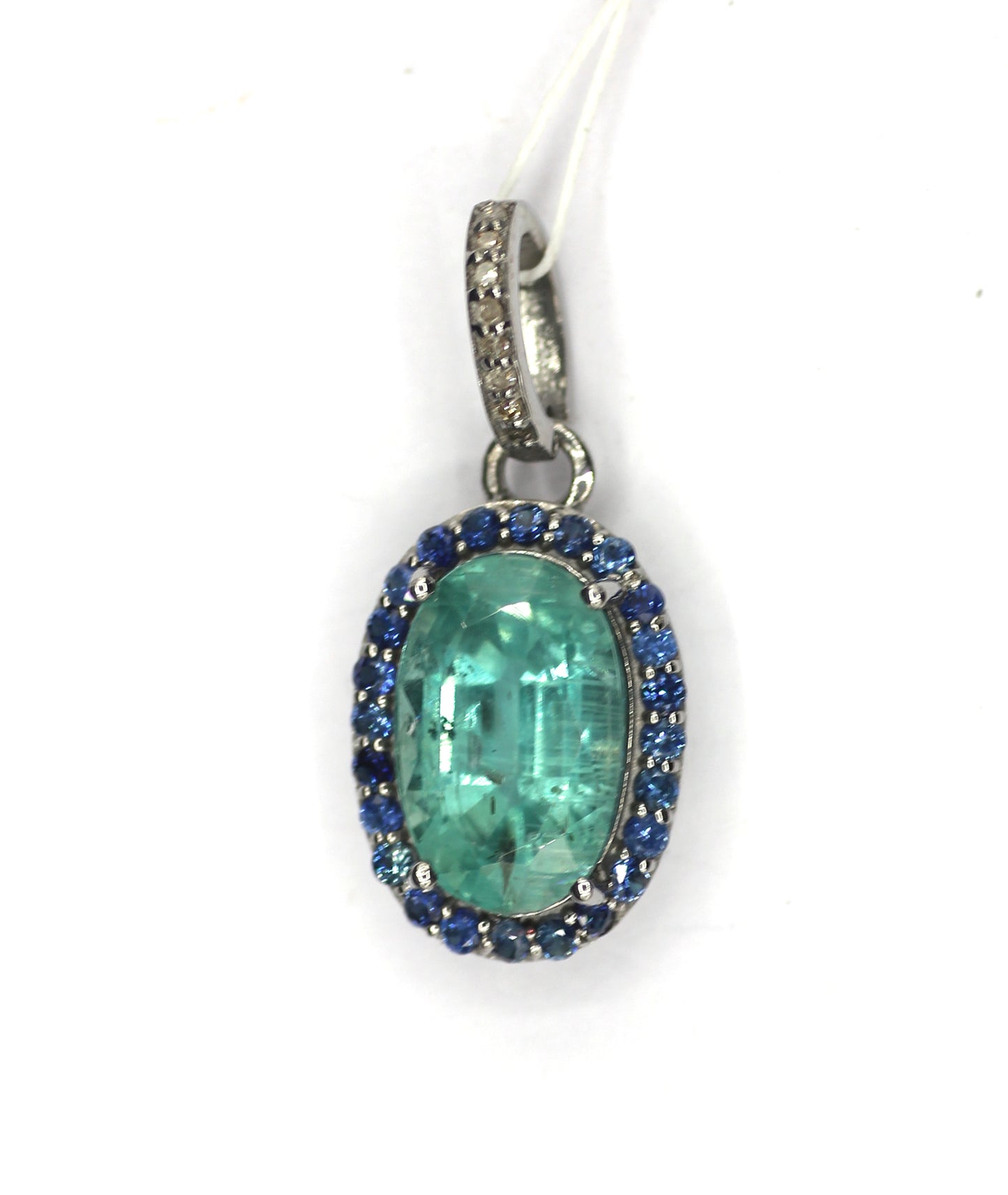 Emerald Oval Silver Blue Sapphire Pendant