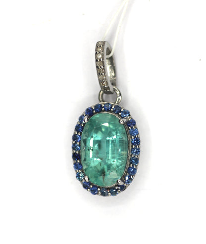 Emerald Oval Silver Blue Sapphire Pendant