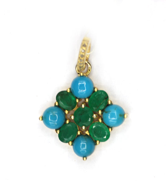 Turquoise Silver Diamond Pendant With Emerald Stone
