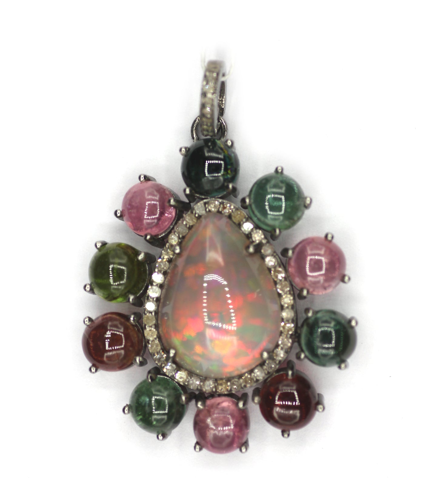 Ethiopian opal Silver Pave Diamond Pendant