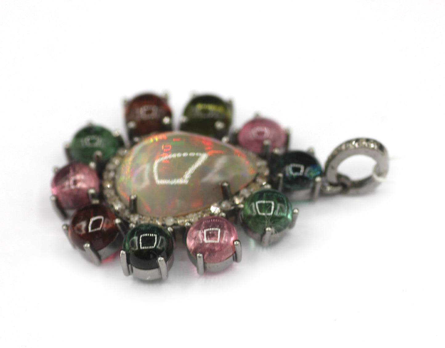 Ethiopian opal Silver Pave Diamond Pendant