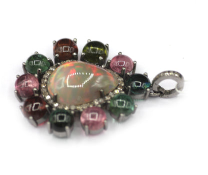 Ethiopian opal Silver Pave Diamond Pendant