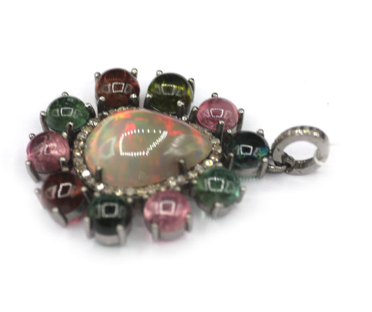 Ethiopian opal Silver Pave Diamond Pendant