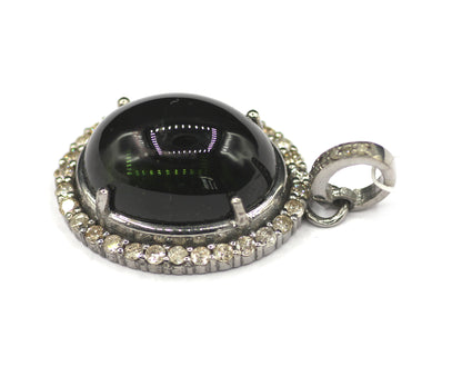 Oval Silver Diamond Pendant With Tourmaline Stone