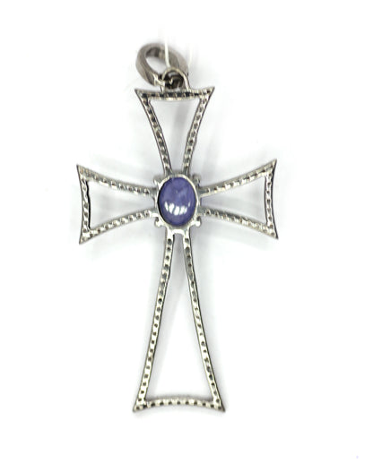 Cross Silver Pave Diamond Pendant With Tanzanite Stone