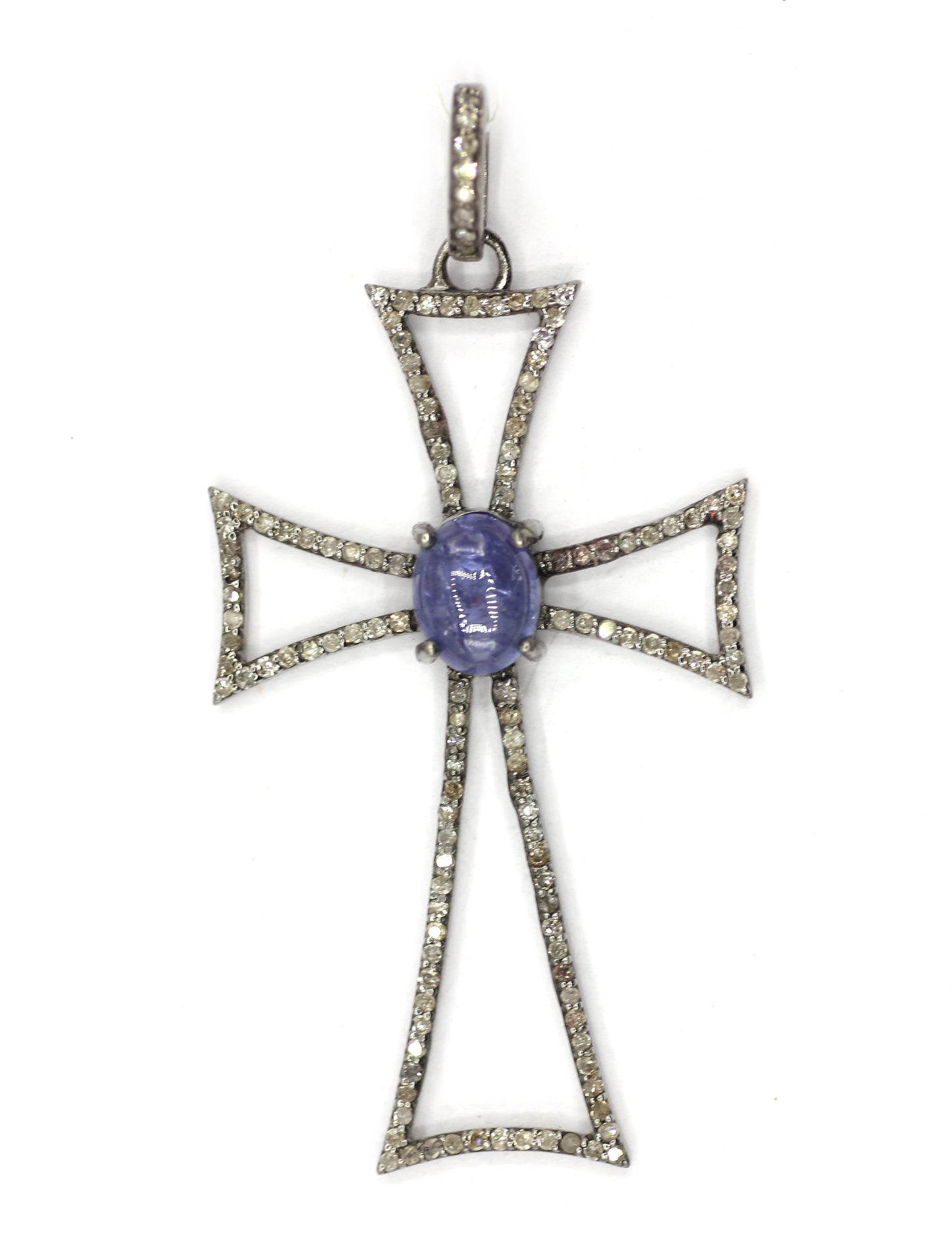 Cross Silver Pave Diamond Pendant With Tanzanite Stone