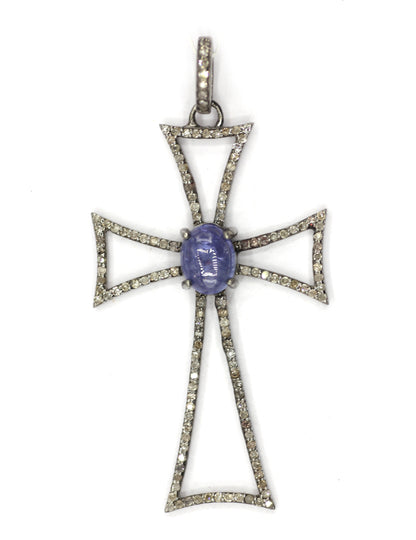 Cross Silver Pave Diamond Pendant With Tanzanite Stone