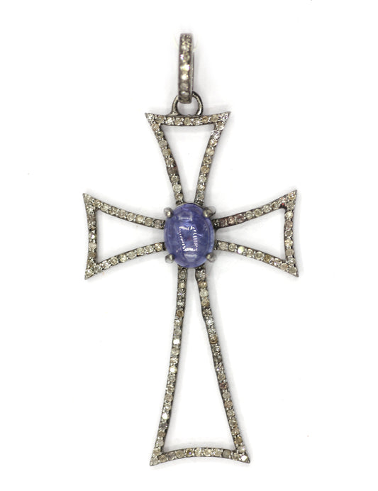Cross Silver Pave Diamond Pendant With Tanzanite Stone