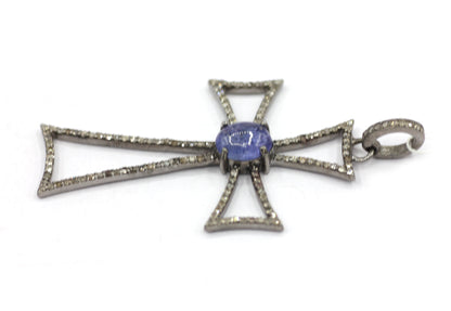 Cross Silver Pave Diamond Pendant With Tanzanite Stone