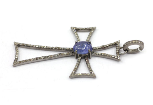 Cross Silver Pave Diamond Pendant With Tanzanite Stone