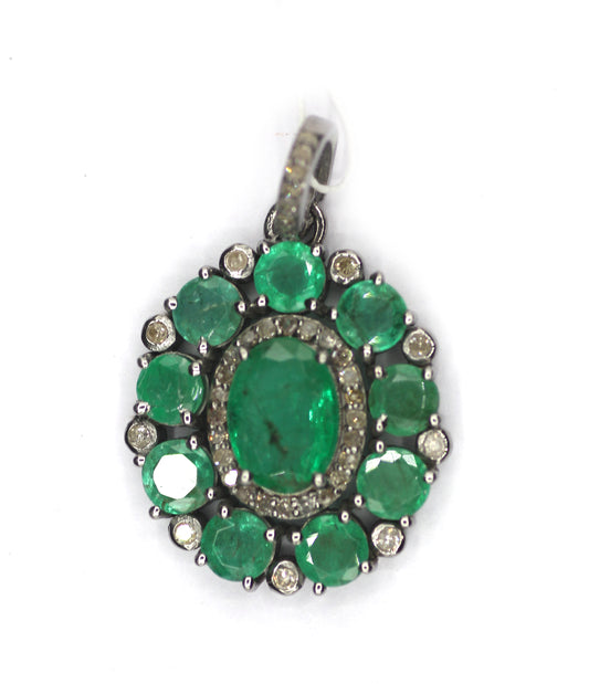 Emerald Silver Pave Diamond Pendant