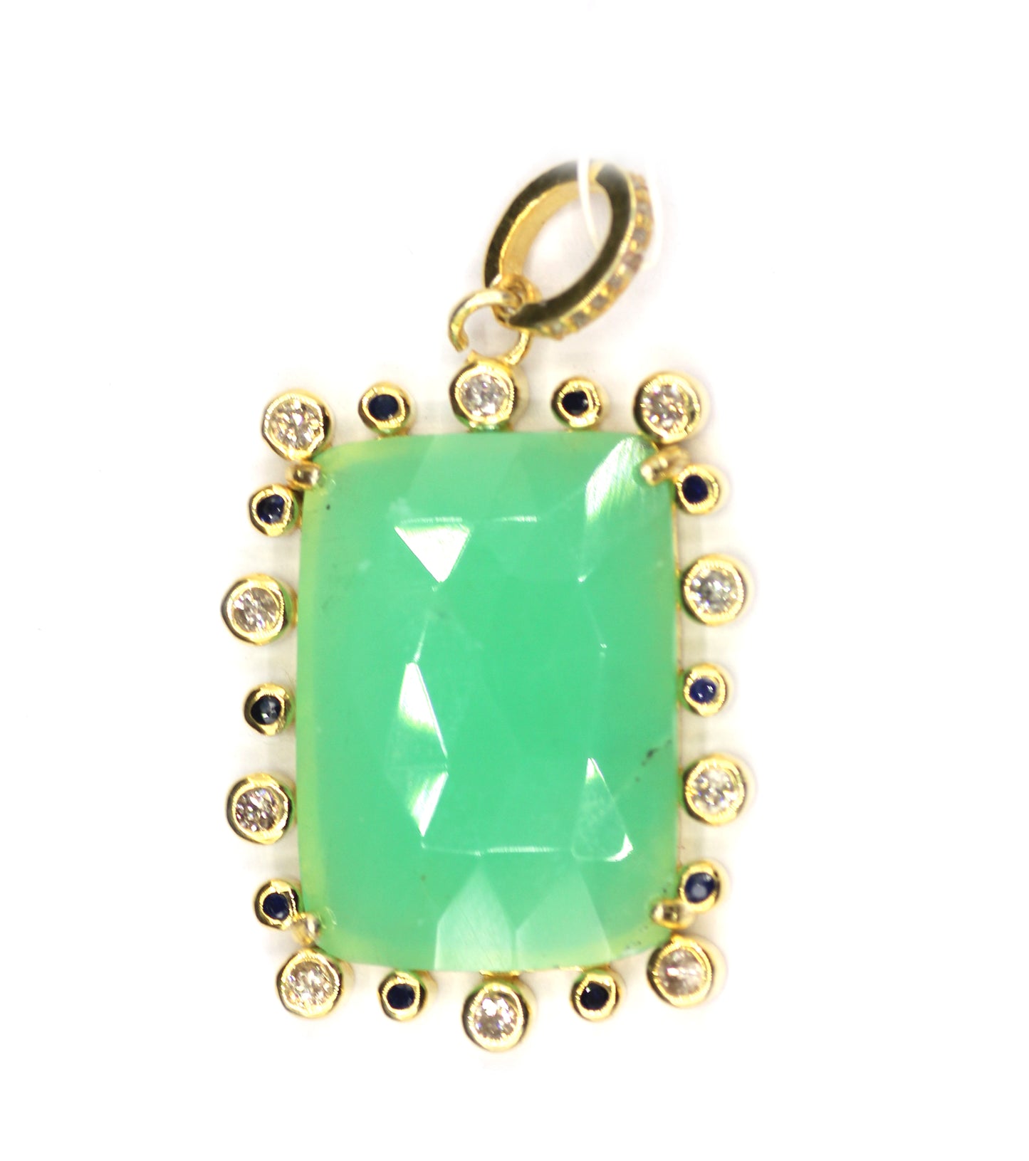 Rectangle Shape Silver Diamond Pendant With Chrysoprase Stone