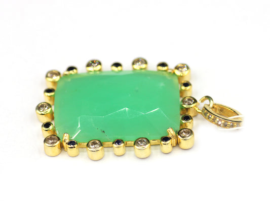 Rectangle Shape Silver Diamond Pendant With Chrysoprase Stone