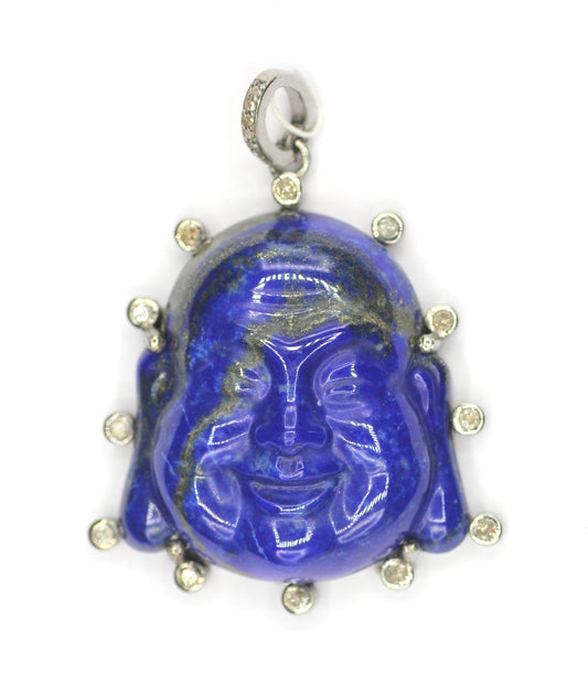 Laughing Buddha Silver Diamond Pendant With Lapis lazuli Stone