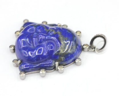 Laughing Buddha Silver Diamond Pendant With Lapis lazuli Stone