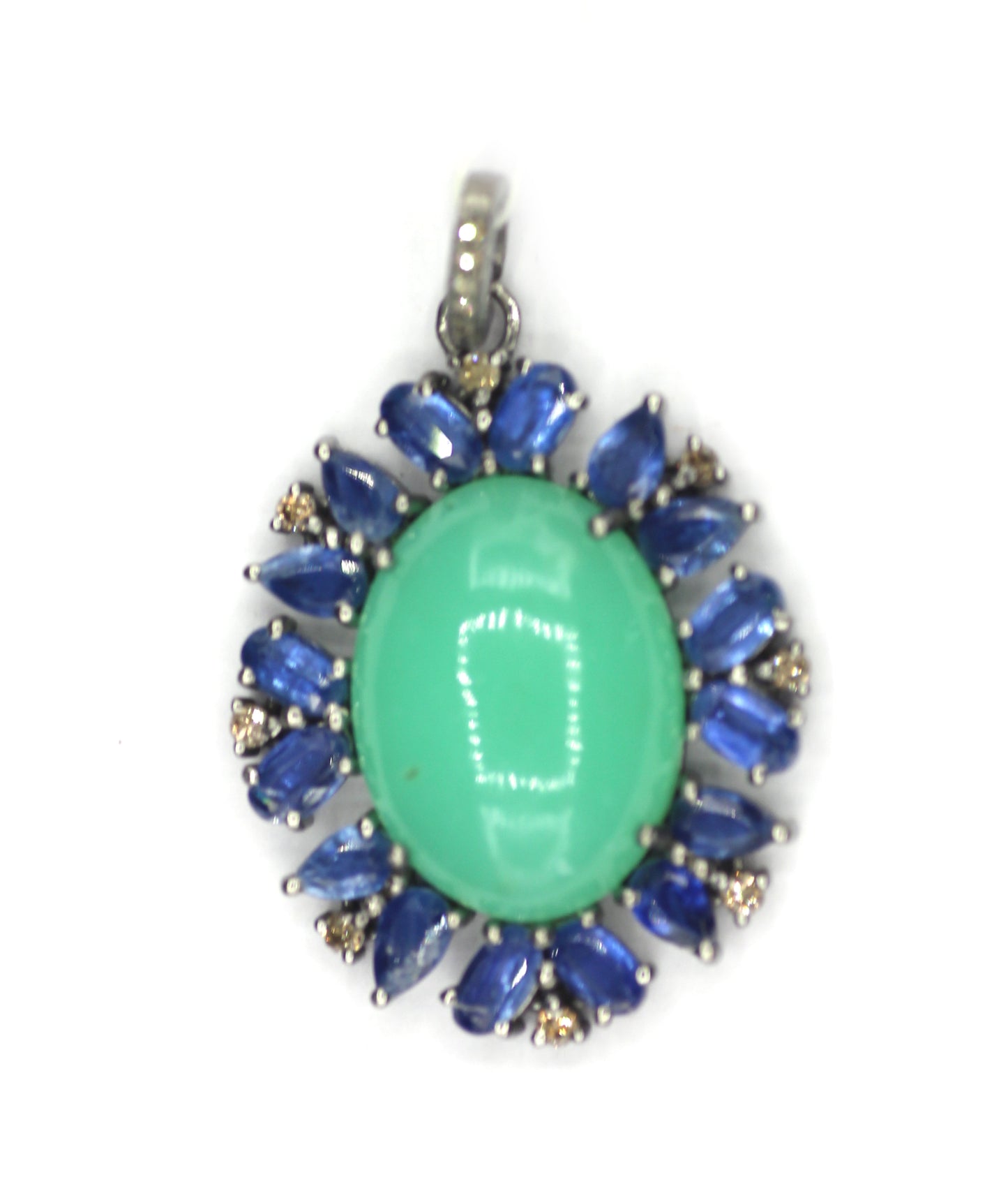 Chrysoprase & Kyanite Silver Diamond Pendant