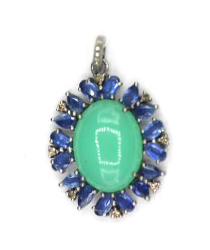 Chrysoprase & Kyanite Silver Diamond Pendant