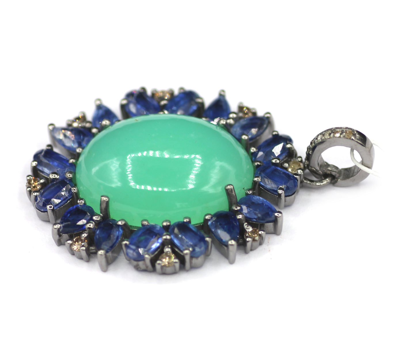Chrysoprase & Kyanite Silver Diamond Pendant