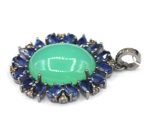 Chrysoprase & Kyanite Silver Diamond Pendant