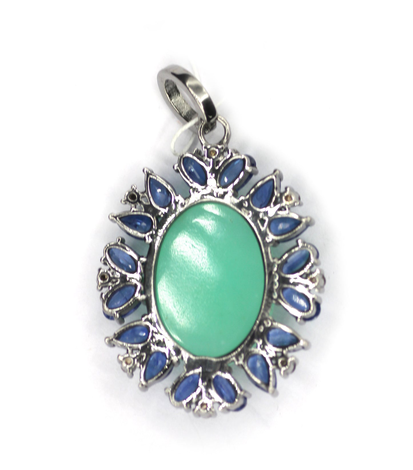 Chrysoprase & Kyanite Silver Diamond Pendant