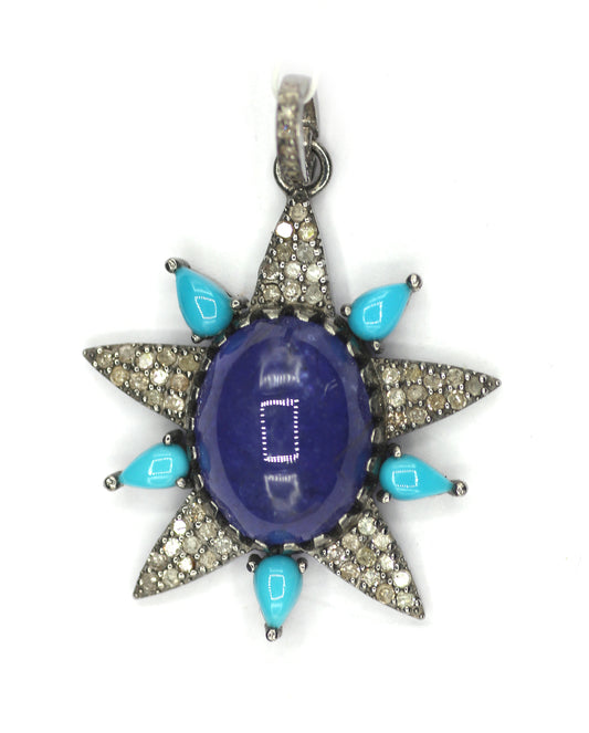 Tanzanite Silver Diamond Pendant With Pink Turquoise Stone