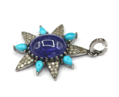 Tanzanite Silver Diamond Pendant With Pink Turquoise Stone