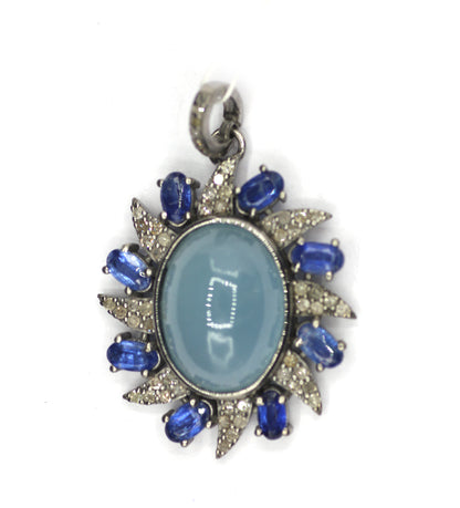 Aquamarine Silver Diamond Pendant With Kyanite Stone