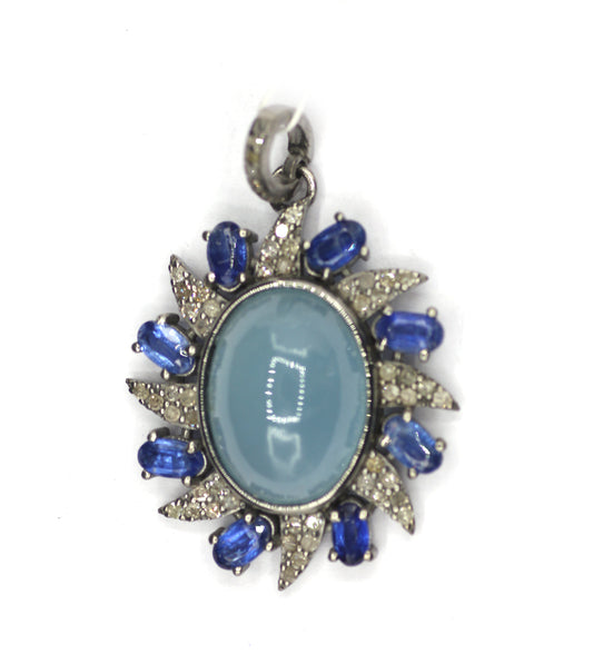Aquamarine Silver Diamond Pendant With Kyanite Stone