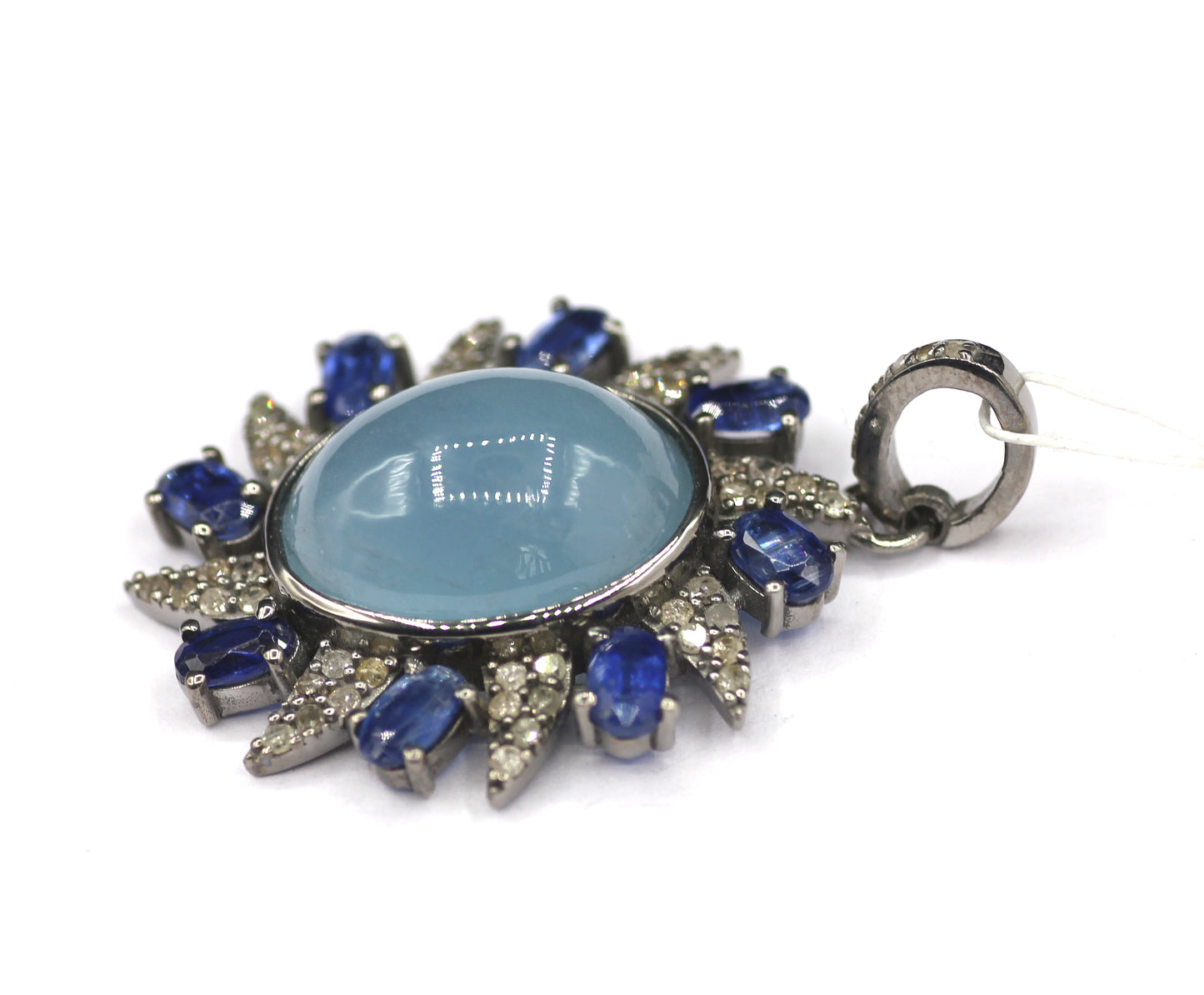 Aquamarine Silver Diamond Pendant With Kyanite Stone